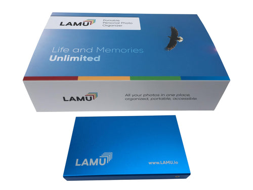LAMU Portable Photo Organizer 2TB Sky Blue for Windows. All your photos in one place, organized, portable, accessible.