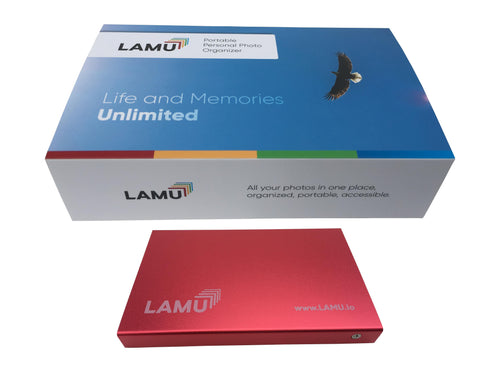 LAMU Portable Photo Organizer 500GB Scarlet Red for Windows. All your photos in one place, organized, portable, accessible.